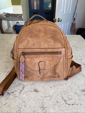 Tan Faux Leather Mini Backpack with Decorative Strap brand Fadeon
